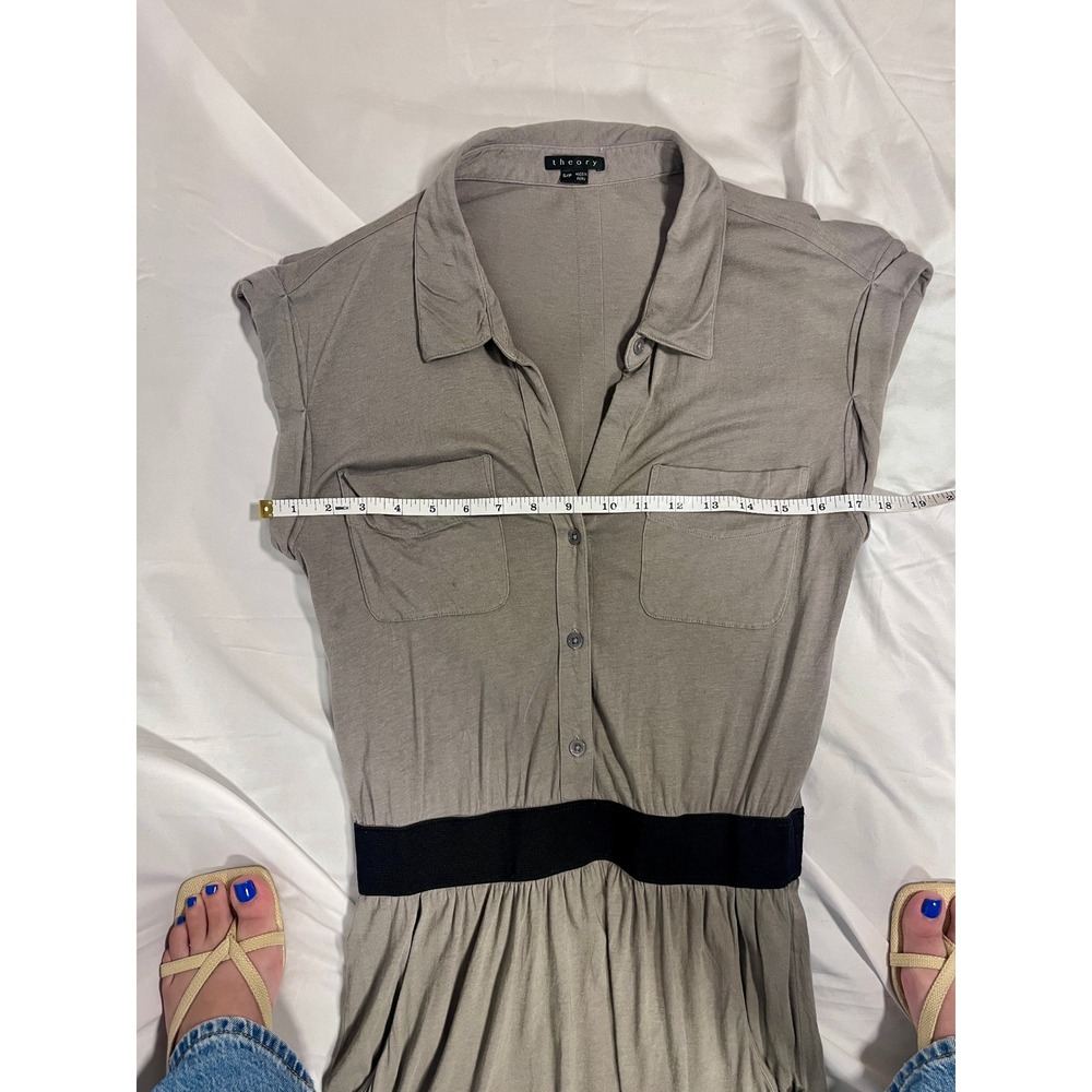 Theory Gray Shirt Dress Sz Small Cotton Modal Mini Dress Black Waistband Pockets - Picture 6 of 7
